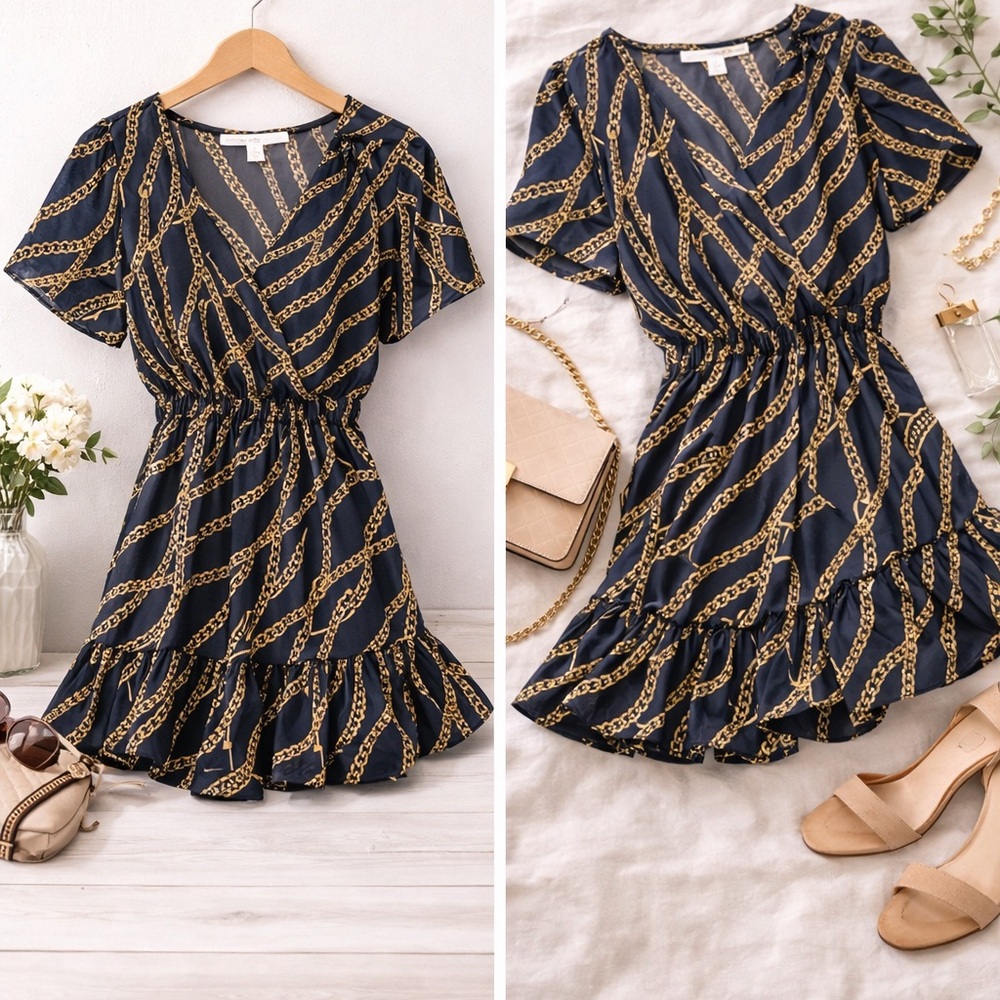 Michael Kors Navy Mini Dress with Gold Chain Print